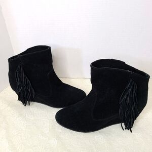 Falchi black suede fringe wedged heeled booties.